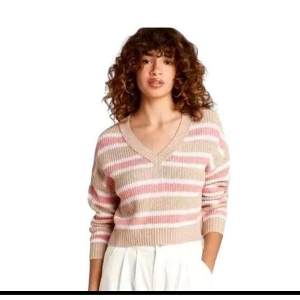 Women's Striped V-Neck Pullover Sweater Wid Fable, Large,Pink White Beige Stripe